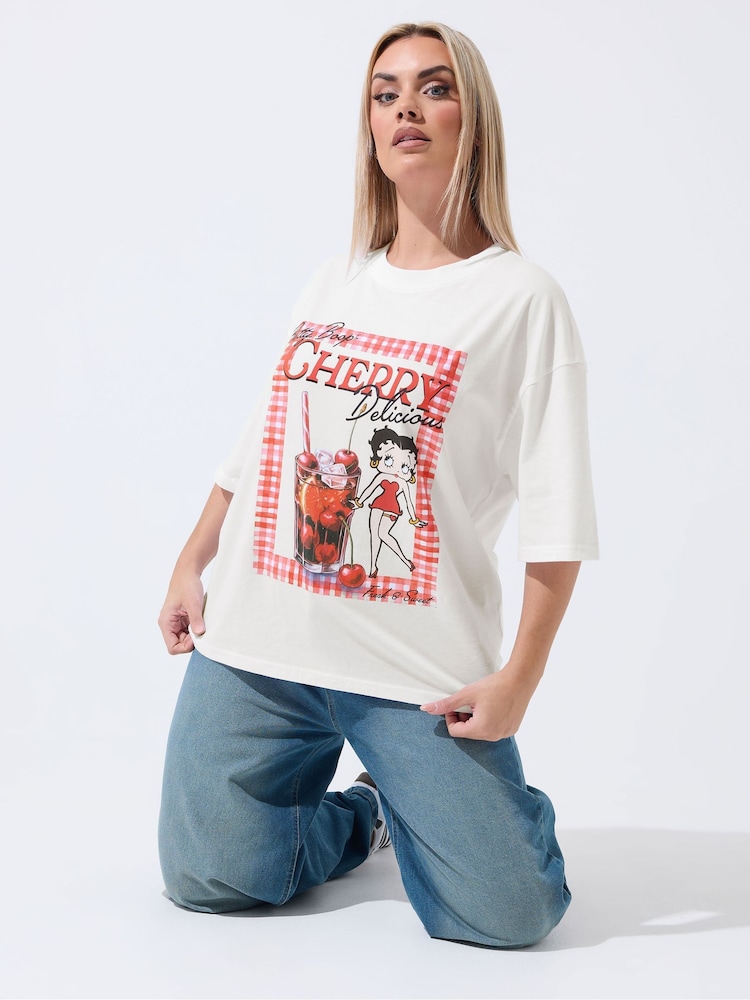 Yours Curve White Limited Betty Boop Cherry T-Shirt - Image 1 of 5