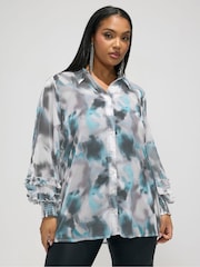 Yours Curve Grey London Ruffle Shirred Cuffed Shirt - Image 1 of 5