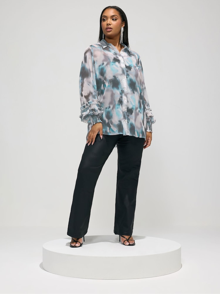 Yours Curve Grey London Ruffle Shirred Cuffed Shirt - Image 2 of 5