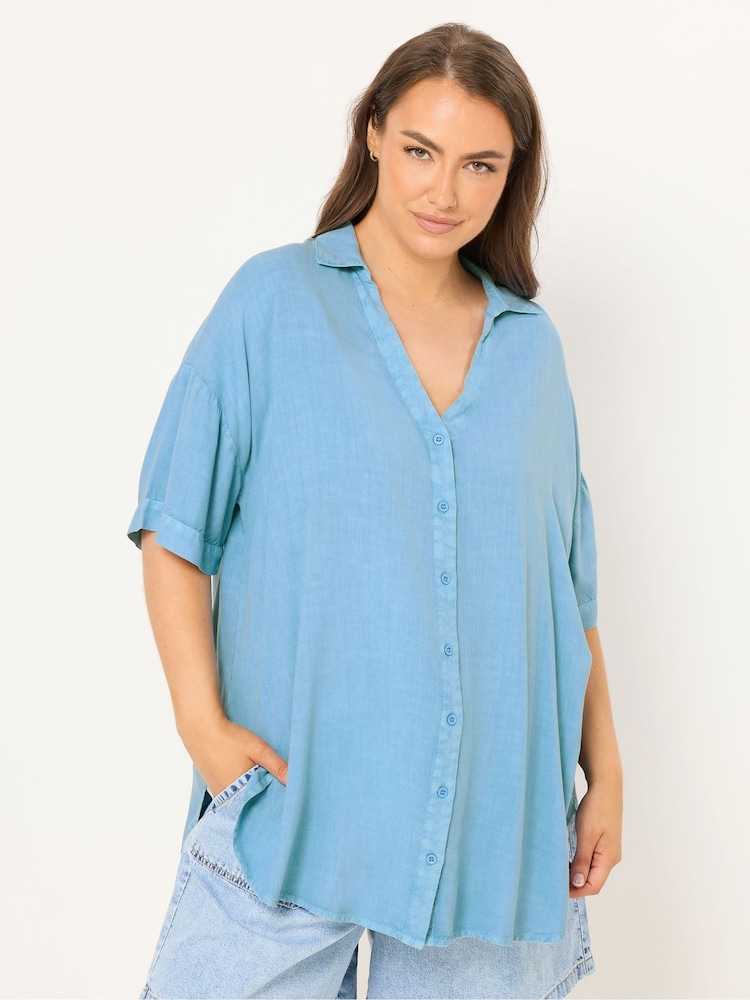 Yours Curve Blue Short Sleeve Chambray Shirt - Image 1 of 4 Yours Curve Blue Short Sleeve Chambray Shirt - Image 1 of 4