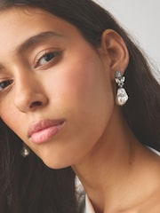 Pewter Tone Sparkle Pearl Effect Drop Earrings - Image 1 of 5
