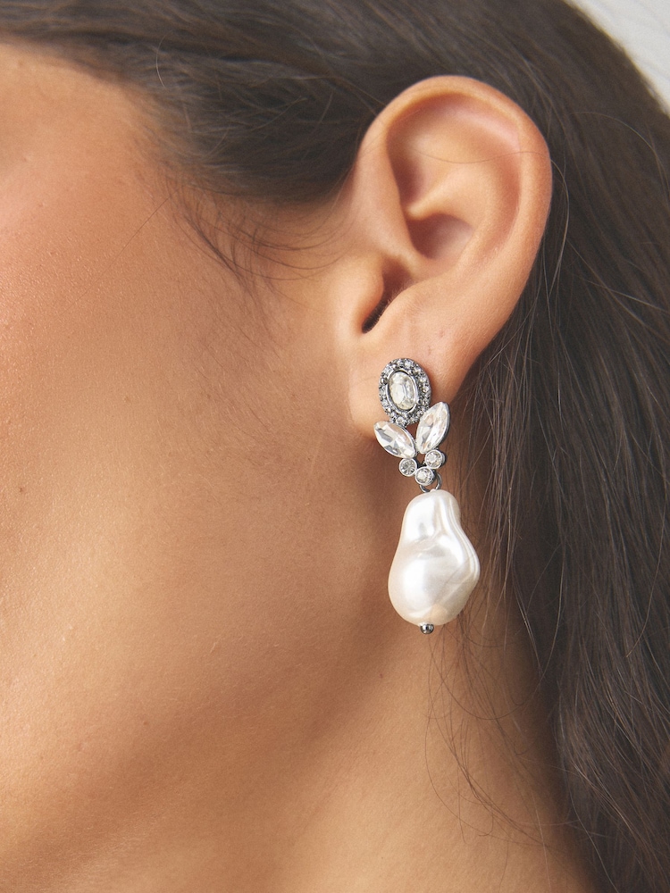 Pewter Tone Sparkle Pearl Effect Drop Earrings - Image 2 of 5