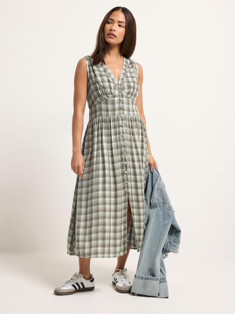 PixieGirl Petite Green Check Sleeveless Button Midi Dress - Image 2 of 5 PixieGirl Petite Green Check Sleeveless Button Midi Dress - Image 2 of 5
