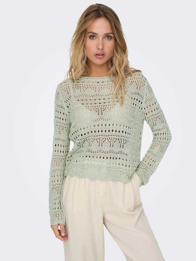 JDY Grey Long Sleeve Crochet Jumper - Image 1 of 6