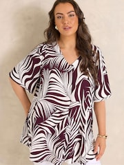 Evans Red Palm Print Pleated Front Angel Sleeve Blouse - Image 1 of 5