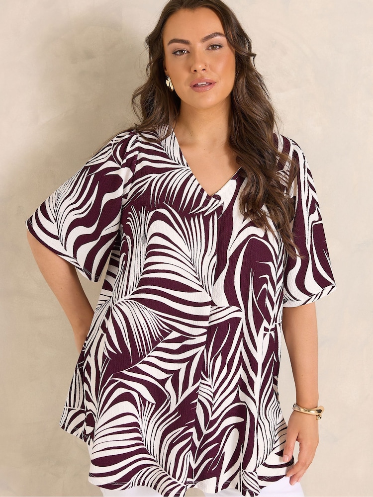 Evans Red Palm Print Pleated Front Angel Sleeve Blouse - Image 1 of 5 Evans Red Palm Print Pleated Front Angel Sleeve Blouse - Image 1 of 5