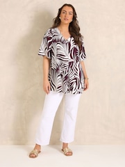 Evans Red Palm Print Pleated Front Angel Sleeve Blouse - Image 2 of 5