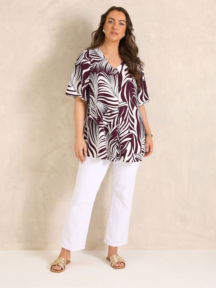 Evans Red Palm Print Pleated Front Angel Sleeve Blouse - Image 2 of 5 Evans Red Palm Print Pleated Front Angel Sleeve Blouse - Image 2 of 5