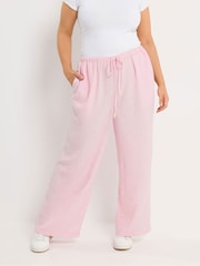 Yours Curve Pink Linen Look Beaded Wide Leg Trousers - Image 1 of 5