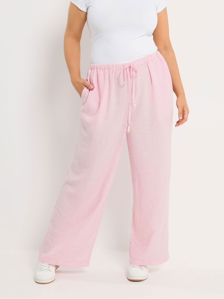 Yours Curve Pink Linen Look Beaded Wide Leg Trousers - Image 1 of 5 Yours Curve Pink Linen Look Beaded Wide Leg Trousers - Image 1 of 5