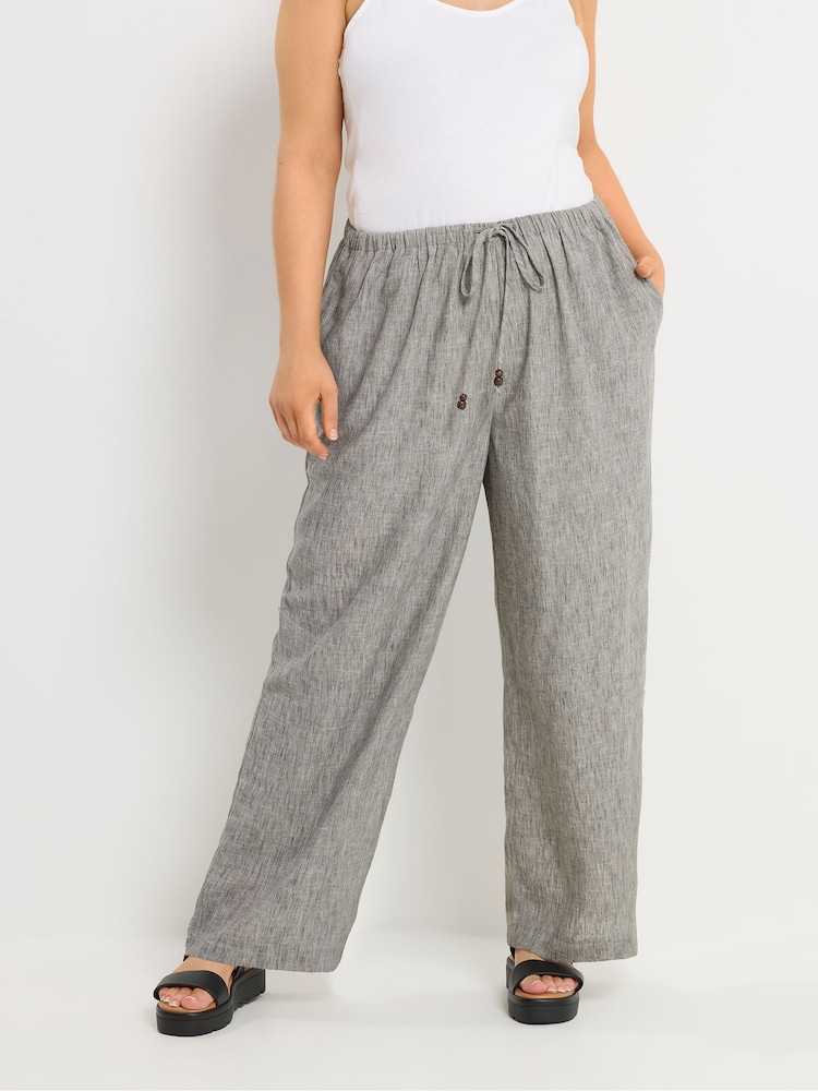 Yours Curve Grey Linen Look Beaded Wide Leg Trousers - Image 1 of 5 Yours Curve Grey Linen Look Beaded Wide Leg Trousers - Image 1 of 5