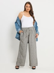 Yours Curve Grey Linen Look Beaded Wide Leg Trousers - Image 3 of 5