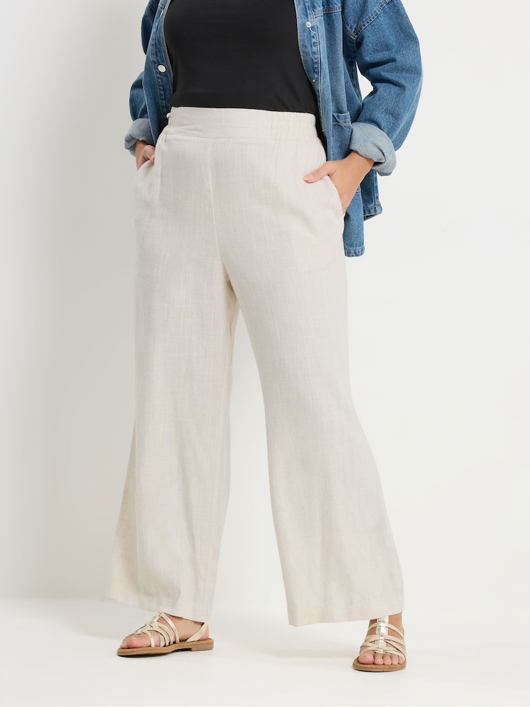 Yours Curve Natural Pull On Wide Leg Trousers With Linen - Image 1 of 5 Yours Curve Natural Pull On Wide Leg Trousers With Linen - Image 1 of 5