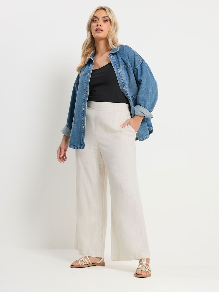 Yours Curve Natural Pull On Wide Leg Trousers With Linen - Image 2 of 5 Yours Curve Natural Pull On Wide Leg Trousers With Linen - Image 2 of 5