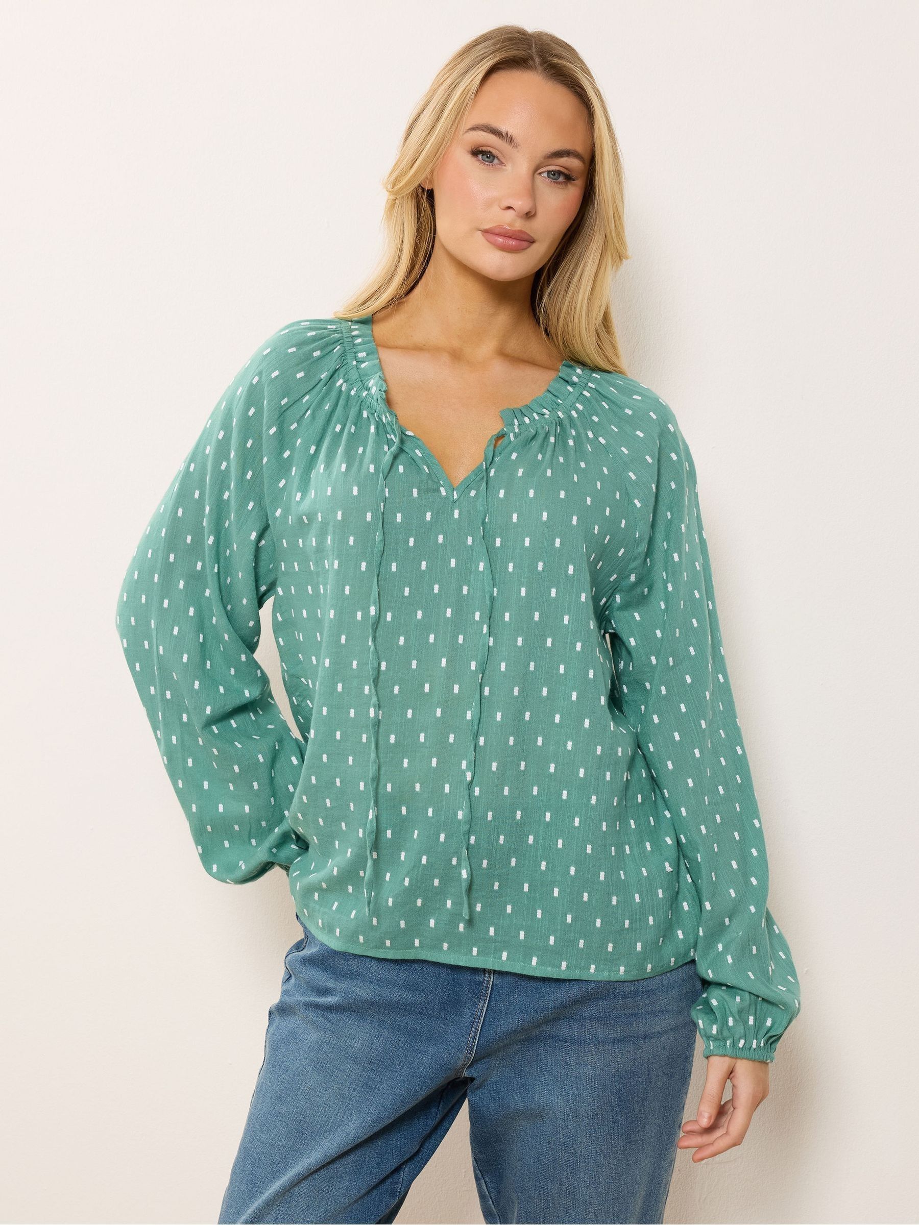 M & Co Women's Green Long Sleeve Dobby Boho Blouse