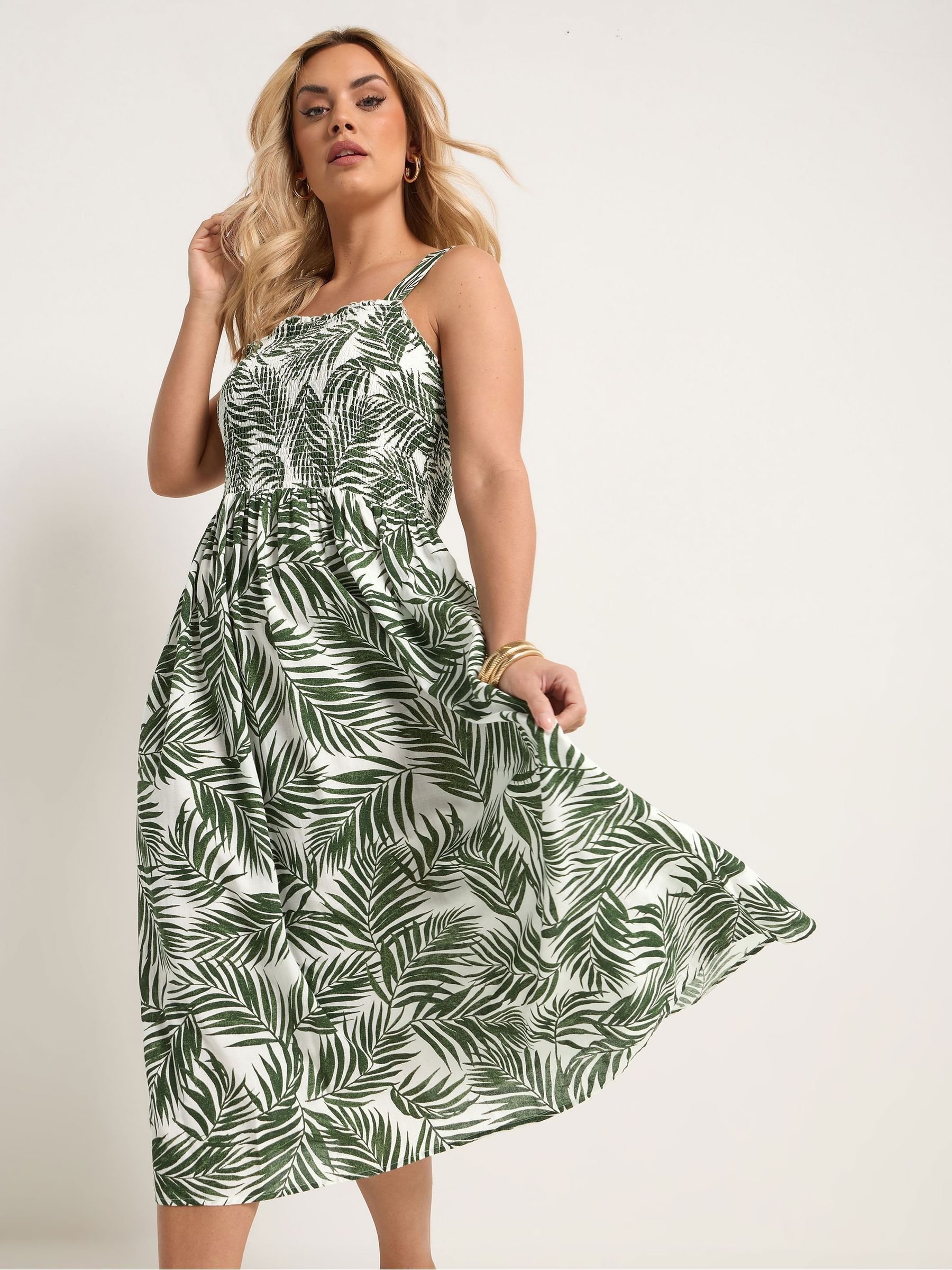 Yours Women's Green Palm Leaf Shirred Linen Maxi Dress In | Size: 34/36 - Image 2