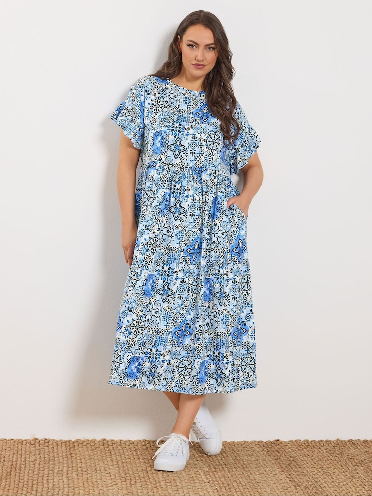 Yours Curve Blue Abstract Mosaic Print Midi Dress - Image 1 of 5 Yours Curve Blue Abstract Mosaic Print Midi Dress - Image 1 of 5