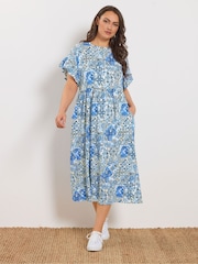 Yours Curve Blue Abstract Mosaic Print Midi Dress - Image 2 of 5