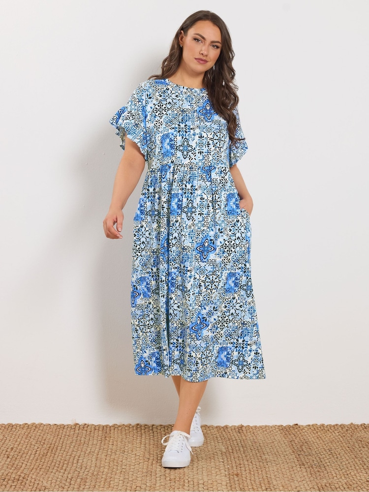 Yours Curve Blue Abstract Mosaic Print Midi Dress - Image 2 of 5 Yours Curve Blue Abstract Mosaic Print Midi Dress - Image 2 of 5