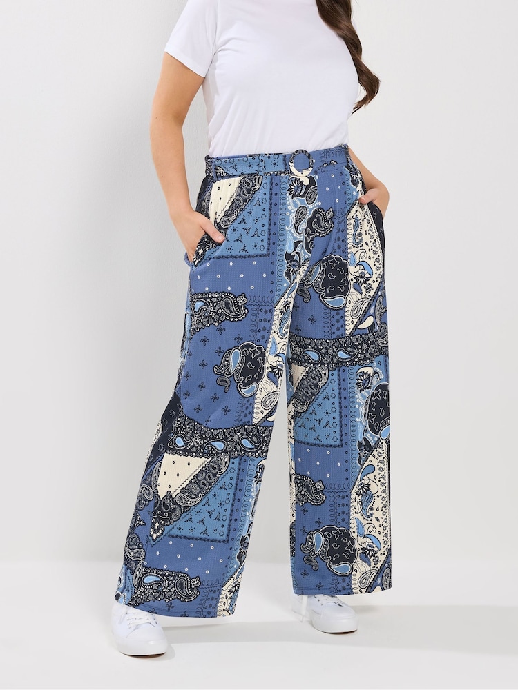 Yours Curve Blue Belted Textured Wide Leg Trousers - Image 1 of 6
