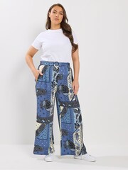 Yours Curve Blue Belted Textured Wide Leg Trousers - Image 3 of 6