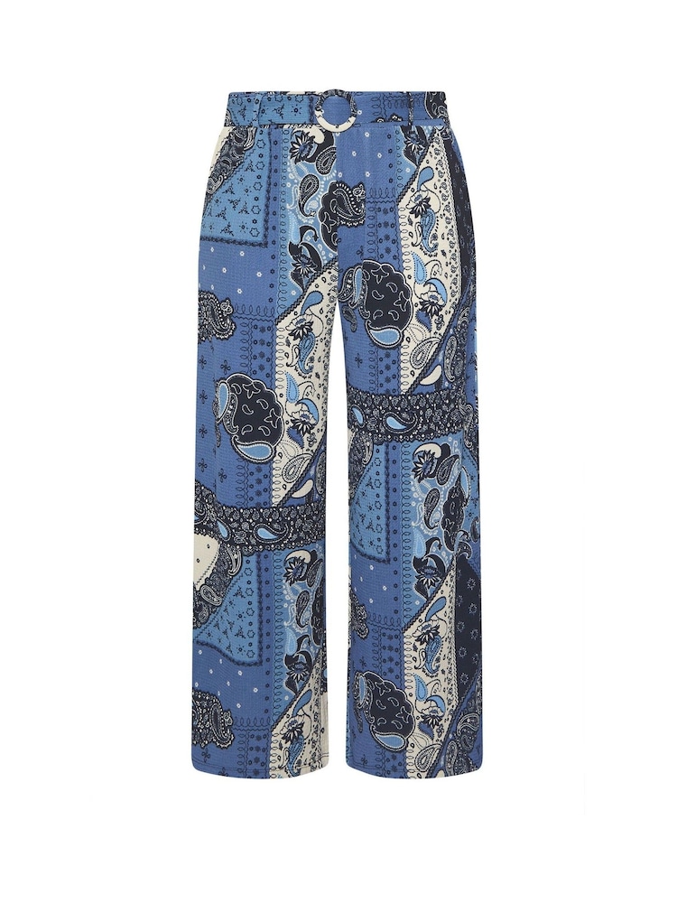 Yours Curve Blue Belted Textured Wide Leg Trousers - Image 6 of 6