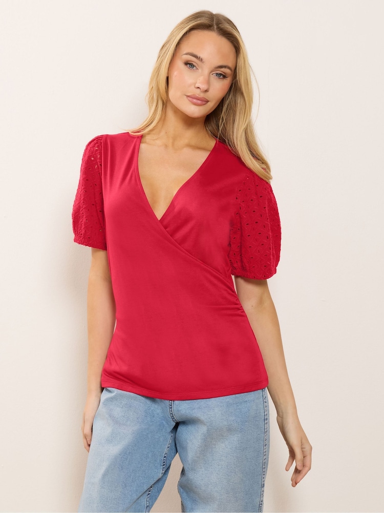 M&Co Red Broderie Sleeve Wrap Jersey Top - Image 1 of 5