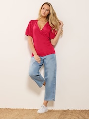 M&Co Red Broderie Sleeve Wrap Jersey Top - Image 2 of 5