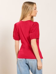 M&Co Red Broderie Sleeve Wrap Jersey Top - Image 3 of 5
