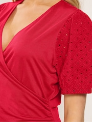 M&Co Red Broderie Sleeve Wrap Jersey Top - Image 4 of 5