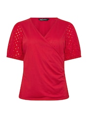 M&Co Red Broderie Sleeve Wrap Jersey Top - Image 5 of 5