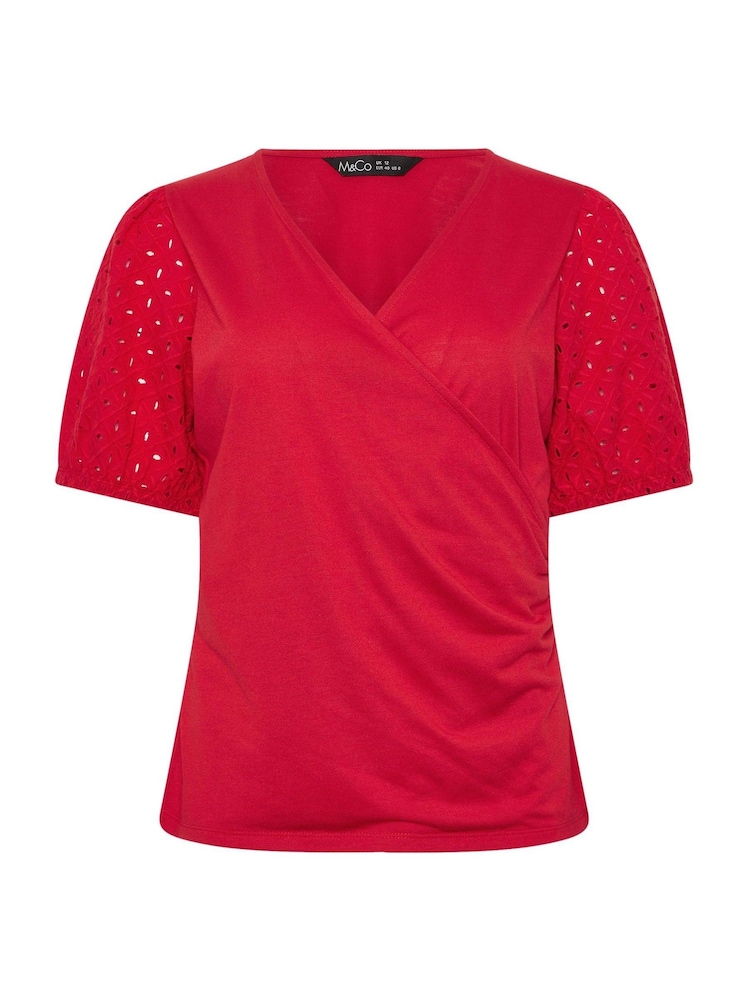 M&Co Red Broderie Sleeve Wrap Jersey Top - Image 5 of 5