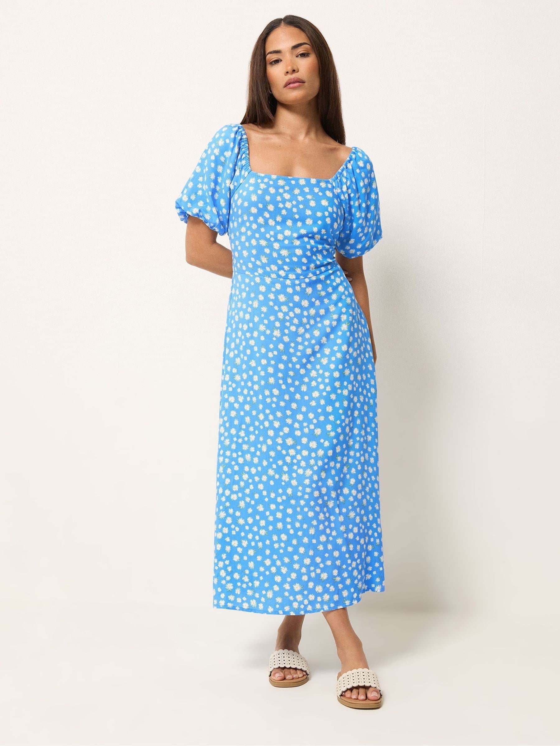 Buy PixieGirl Petite Blue Daisy Square Neck Puff Sleeve Midi Dress