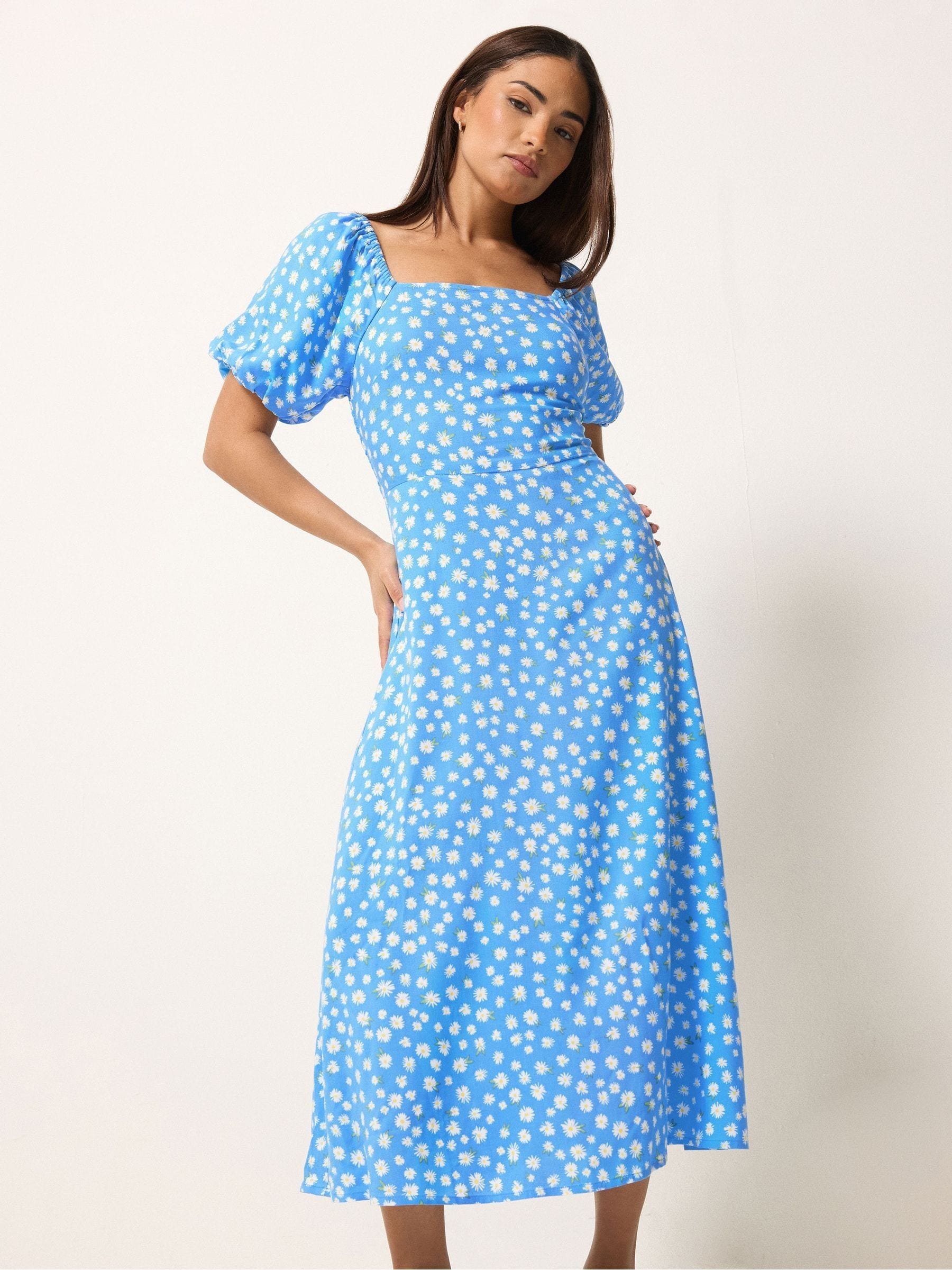 Buy PixieGirl Petite Blue Daisy Square Neck Puff Sleeve Midi Dress