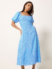 PixieGirl Blue Daisy Square Neck Puff Sleeve Midi Dress - Image 2 of 5