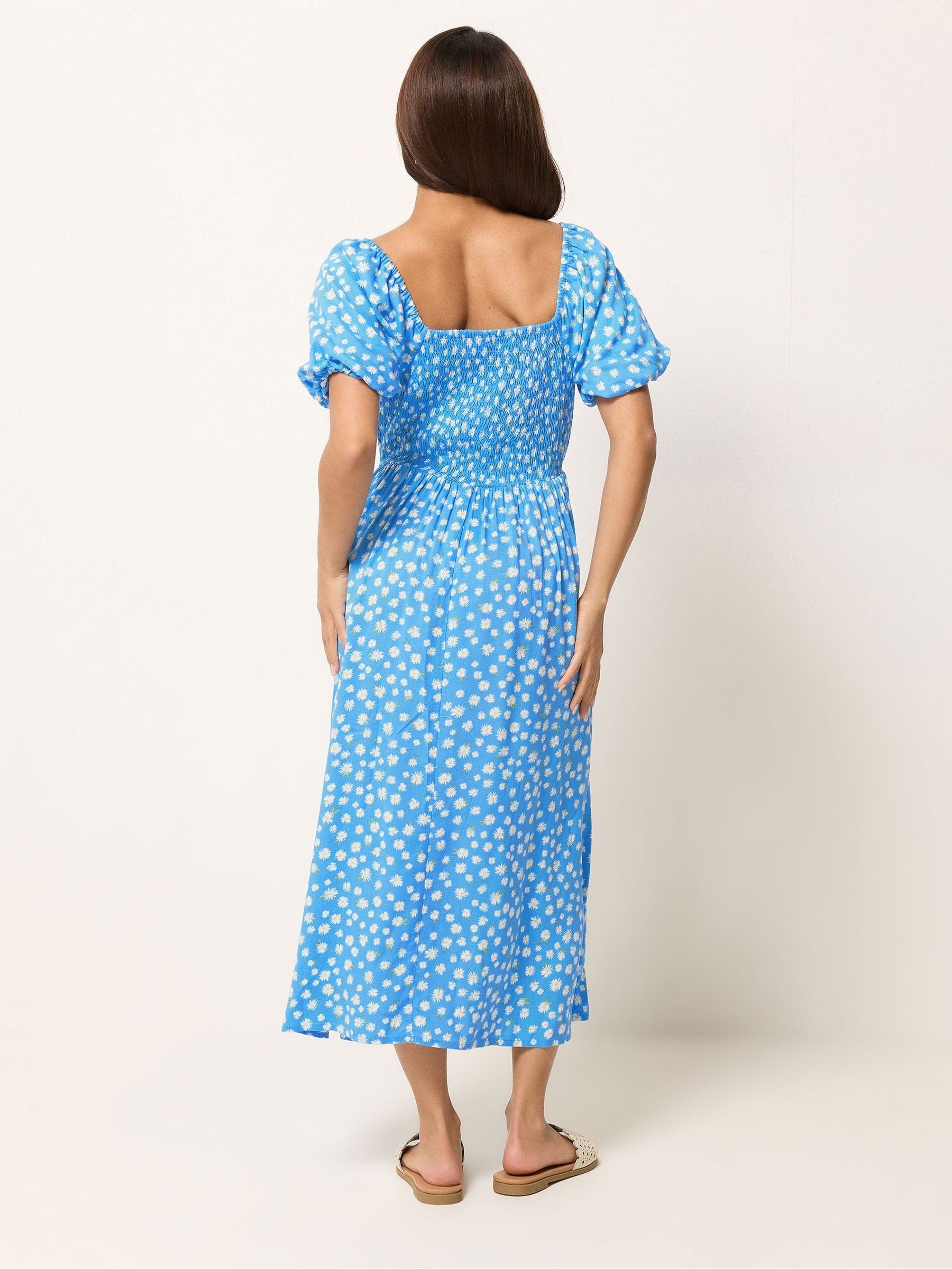 Buy PixieGirl Petite Blue Daisy Square Neck Puff Sleeve Midi Dress