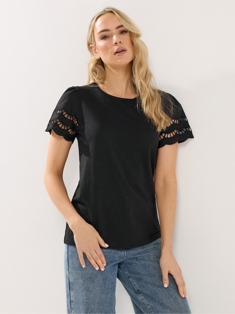 Long Tall Sally Black Broidery Sleeve T-Shirt - Image 1 of 5