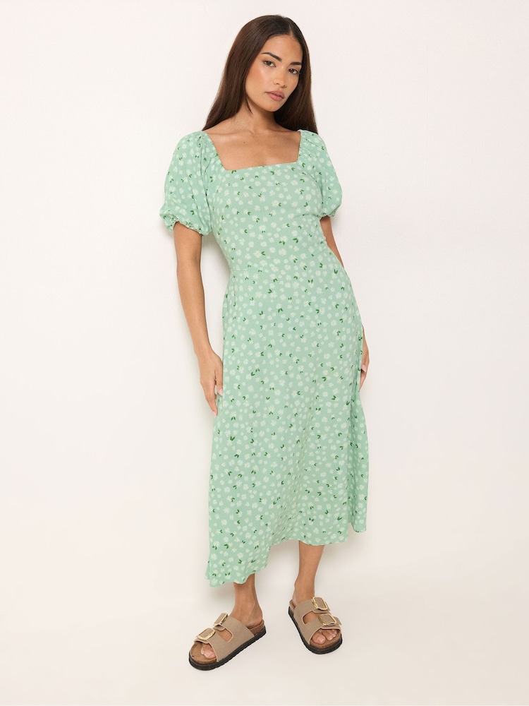 PixieGirl Green Daisy Square Neck Puff Sleeve Midi Dress - Image 1 of 5