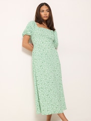 PixieGirl Green Daisy Square Neck Puff Sleeve Midi Dress - Image 3 of 5