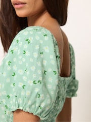 PixieGirl Green Daisy Square Neck Puff Sleeve Midi Dress - Image 4 of 5