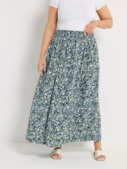 Yours Curve Blue Ditsy Border Midaxi Skirt - Image 1 of 5