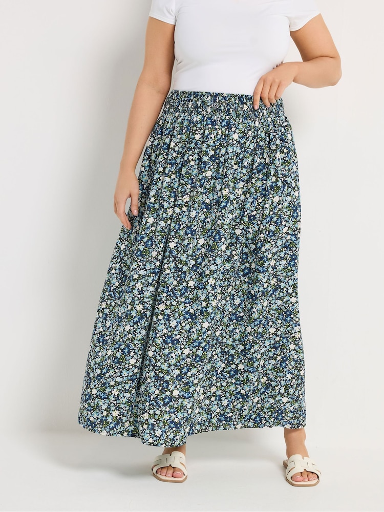 Yours Curve Blue Ditsy Border Midaxi Skirt - Image 1 of 5 Yours Curve Blue Ditsy Border Midaxi Skirt - Image 1 of 5