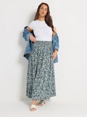 Yours Curve Blue Ditsy Border Midaxi Skirt - Image 2 of 5