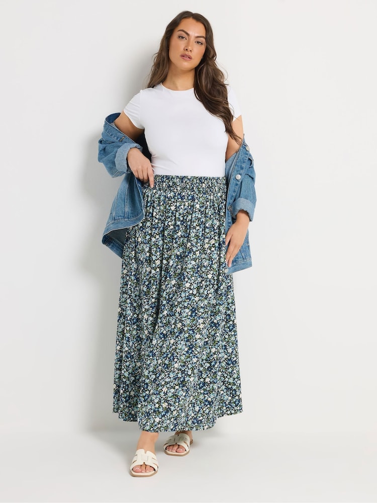 Yours Curve Blue Ditsy Border Midaxi Skirt - Image 2 of 5 Yours Curve Blue Ditsy Border Midaxi Skirt - Image 2 of 5