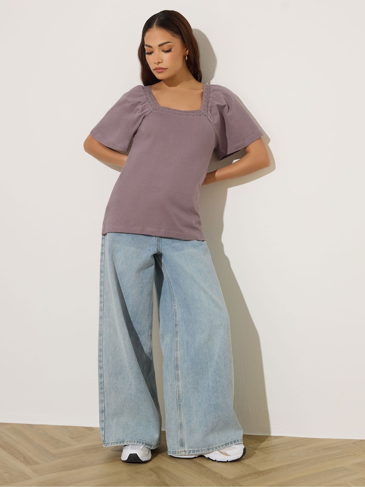 أرجواني - PixieGirl Crochet Neck Flutter Sleeve Top - صورة 2 من 5