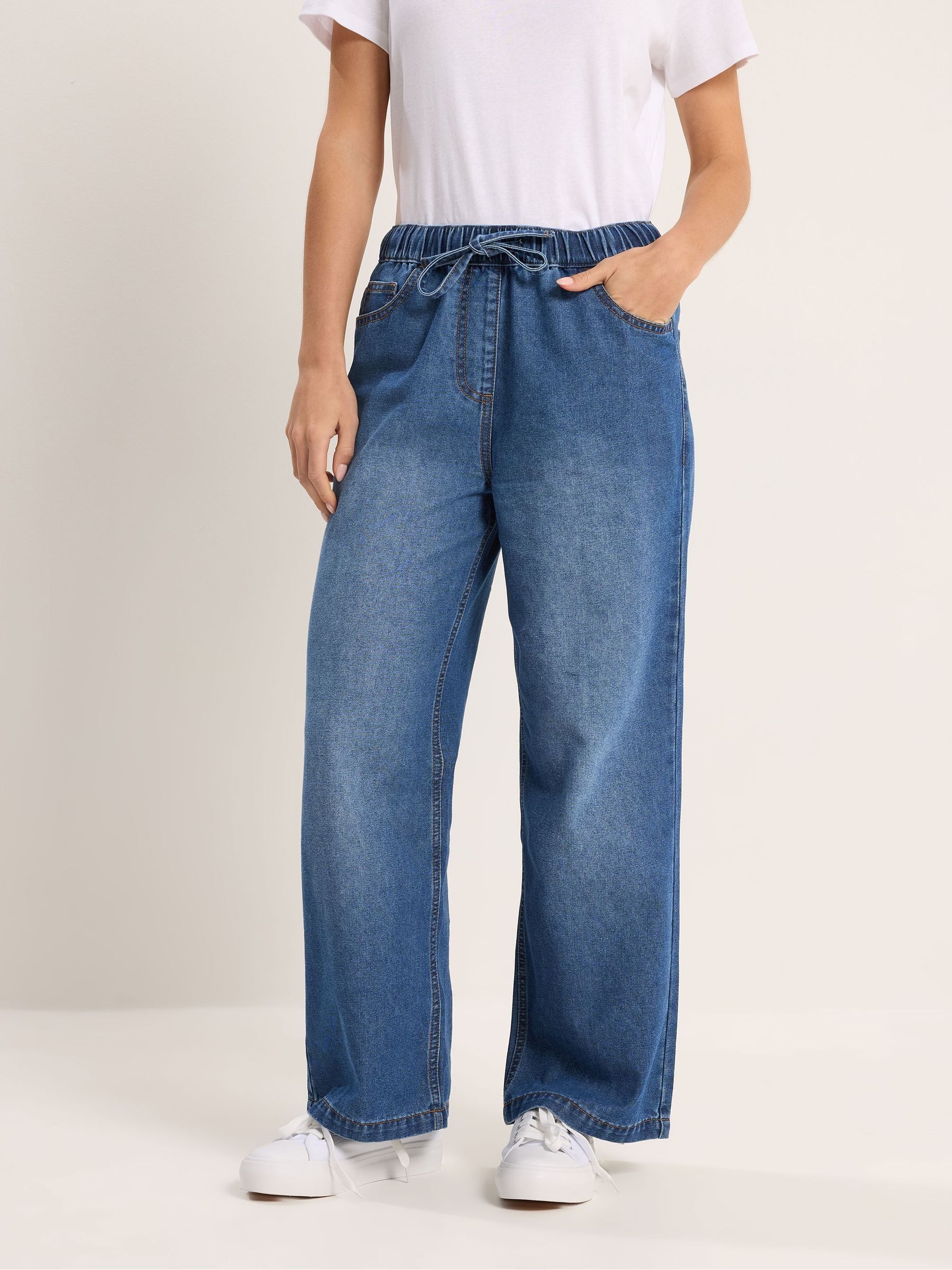 M&Co Women's Mid Blue Tie Waist Wide Leg Jeans In | Size: 8S - Image 6