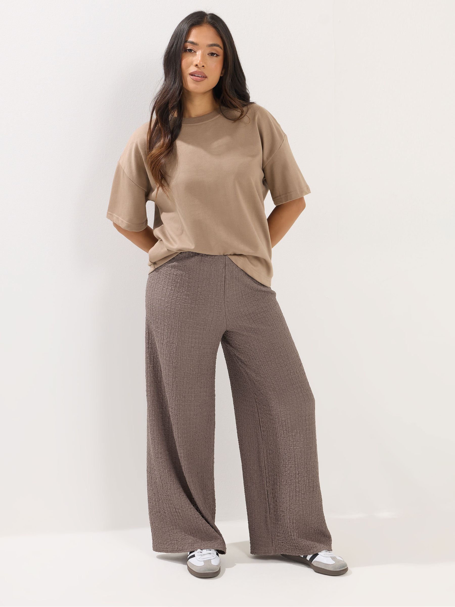 Pixiegirl Petite Women's Dark Brown Textured Wide Leg Trousers