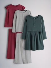 The Set 5 Piece Long Sleeve Jersey Henley Frill Shoulder T-Shirt Wide Leg Joggers and Henley Dress Set Burgundy Red/Green/Stripe - Image 1 of 8