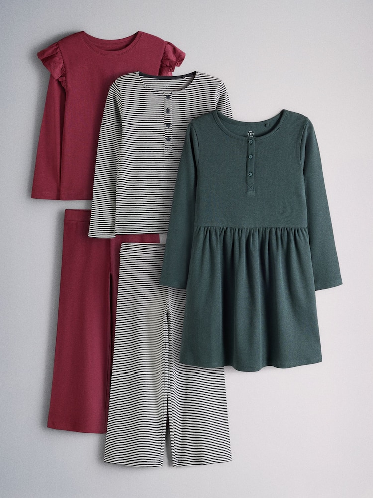 The Set 5 Piece Long Sleeve Jersey Henley Frill Shoulder T-Shirt Wide Leg Joggers and Henley Dress Set Burgundy Red/Green/Stripe - Image 1 of 8