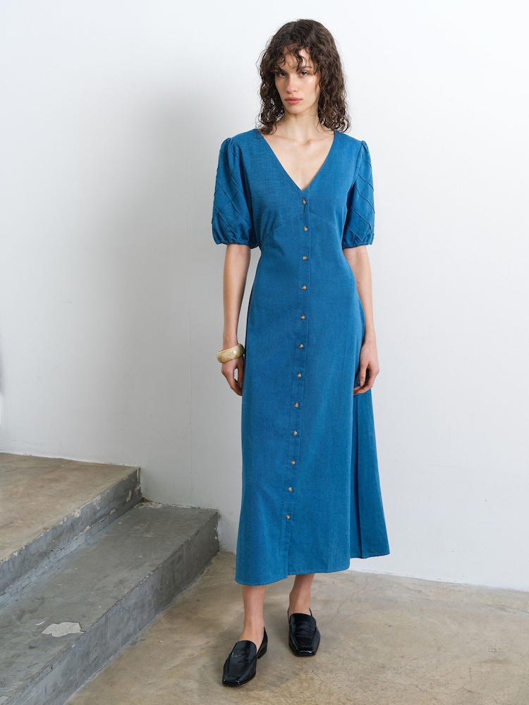 French Connection Zaves Chambray Patterned Pin Tuck Sleeve Midi Dress - Image 1 of 5